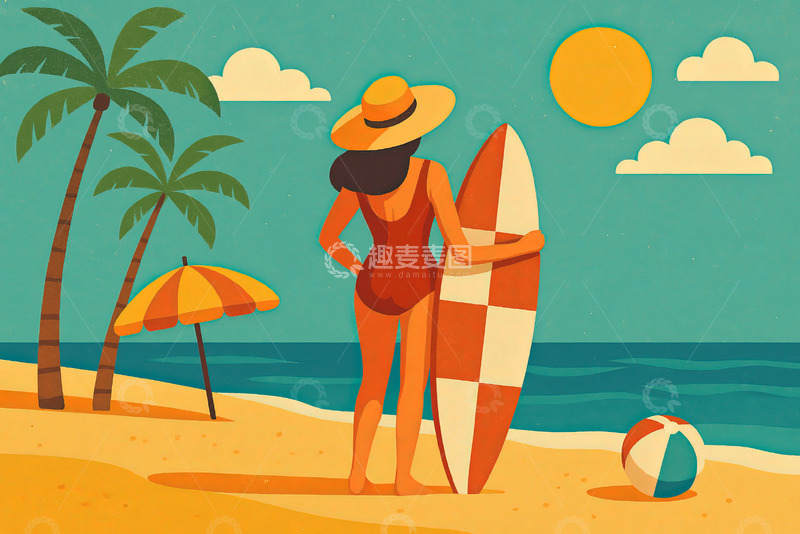 高清大图下载【趣麦麦图】夏日海边手拿冲浪板的女性
