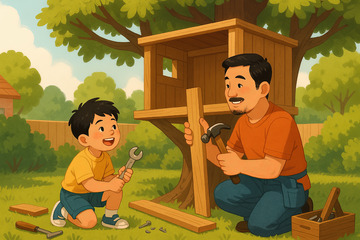 爸爸和小男孩一起搭建树屋插画