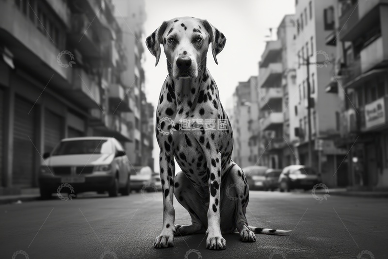 高清大图下载【趣麦麦图】坐在马路上的斑点狗