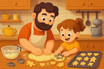 父亲节爸爸和小女孩一起做饼干插画