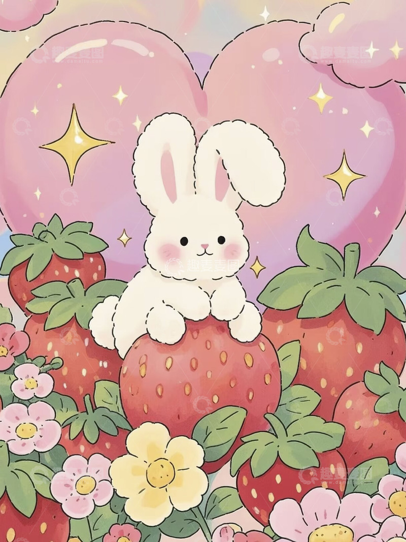 高清大图下载【趣麦麦图】卡通可爱草莓爱心小兔子