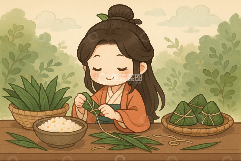 高清大图下载【趣麦麦图】国风Q版一个小女孩在包粽子