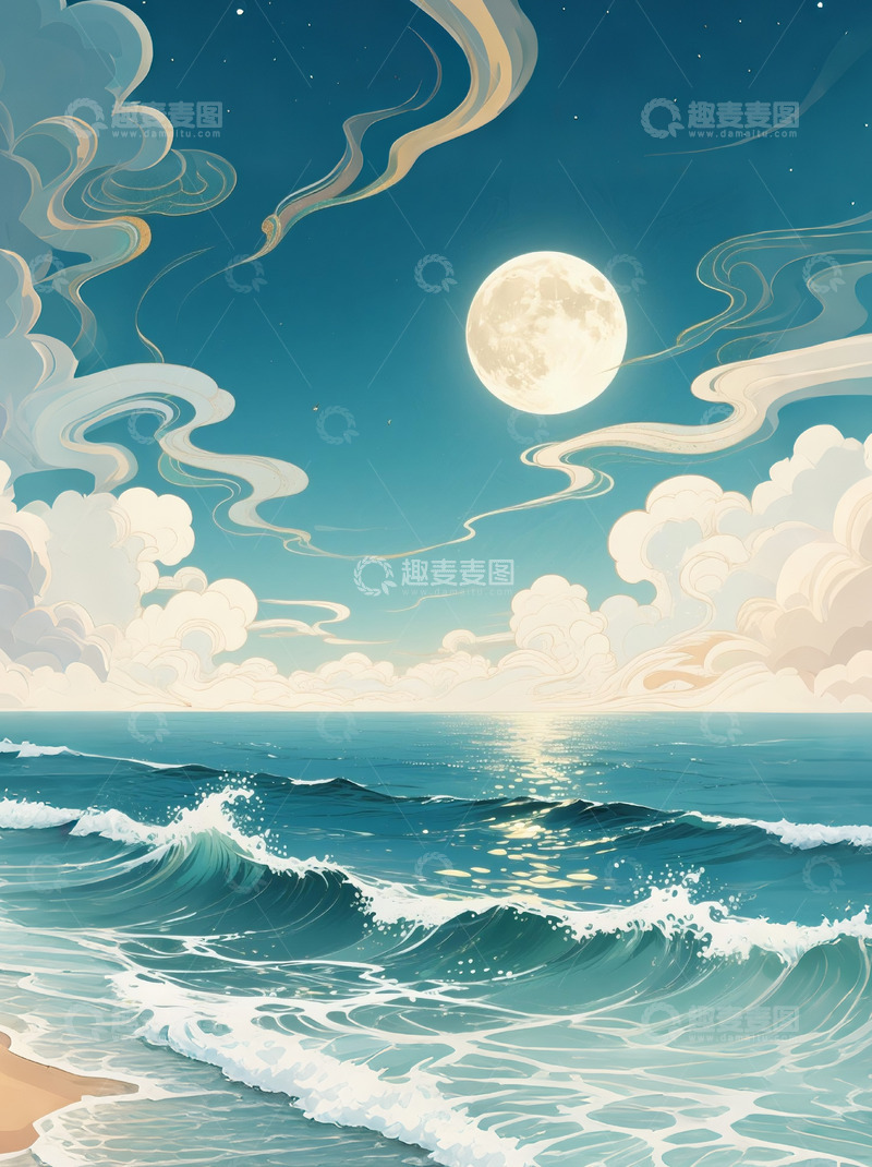 高清大图下载【趣麦麦图】古风大海月亮