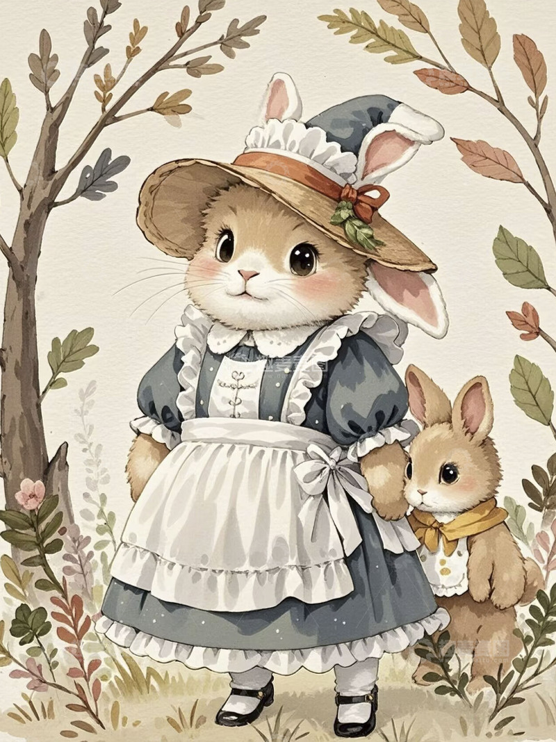 高清大图下载【趣麦麦图】卡通可爱复古风小兔子