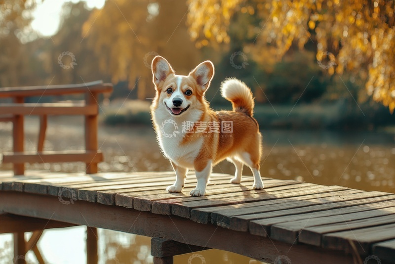 高清大图下载【趣麦麦图】站在木桥上的小柯基