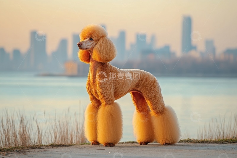 高清大图下载【趣麦麦图】站在江边的贵宾犬