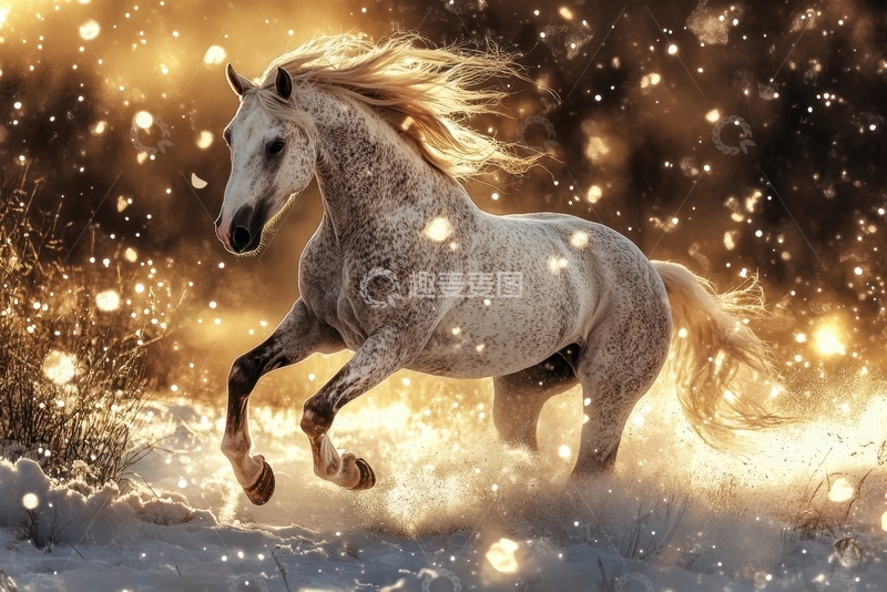 高清大图下载【趣麦麦图】雪地里奔跑的一匹马