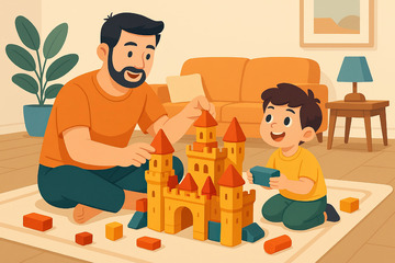 一个小男孩和爸爸一起搭积木插画