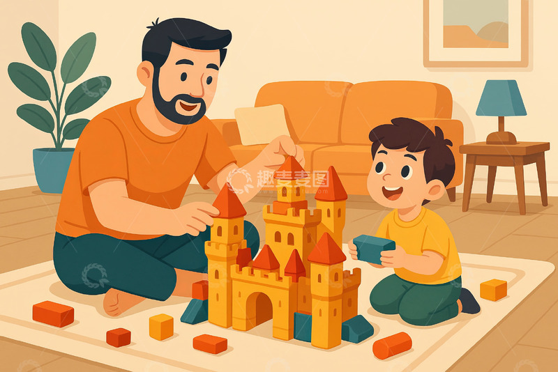 高清大图下载【趣麦麦图】一个小男孩和爸爸一起搭积木插画