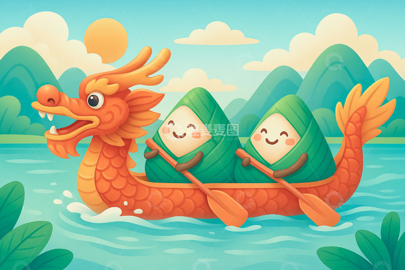 端午节两只卡通粽子在划龙舟