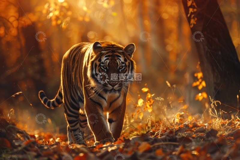 高清大图下载【趣麦麦图】秋季树林里行走的老虎 