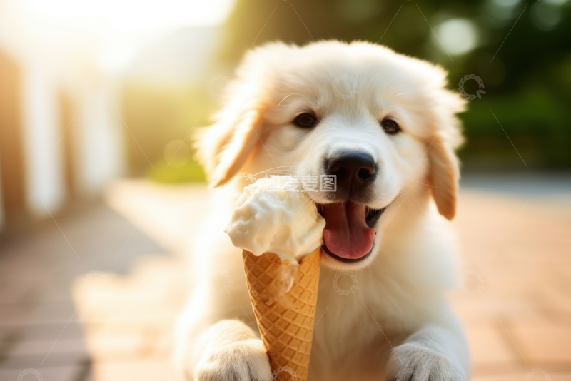 高清大图下载【趣麦麦图】吃冰激凌的小白狗