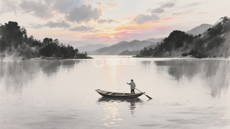高清大图下载【趣麦麦图】烟湖暮渡渔者归程
