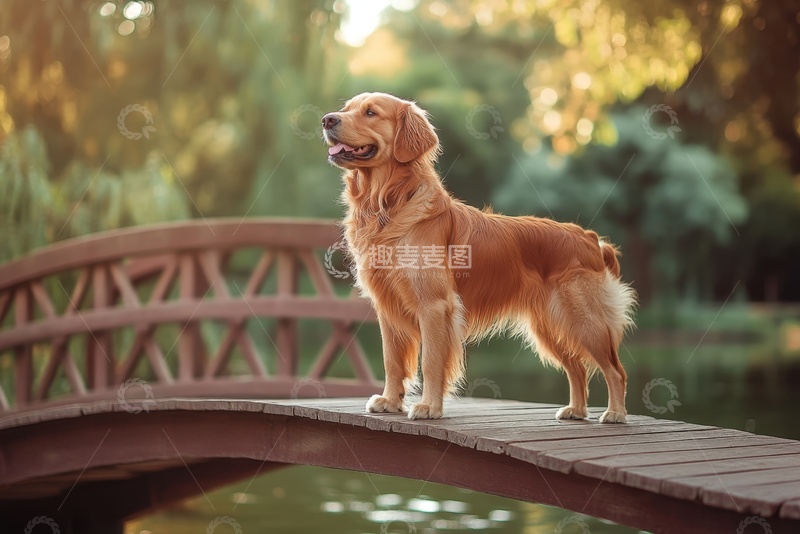 高清大图下载【趣麦麦图】站在木桥上的金毛犬