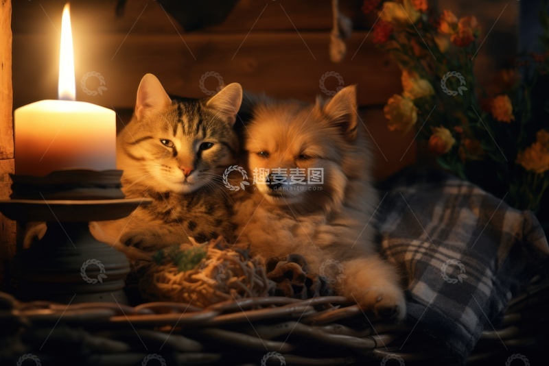 高清大图下载【趣麦麦图】一起睡觉的小狗和小猫