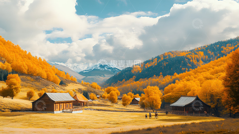 高清大图下载【趣麦麦图】秋日的新疆森林村落美景4