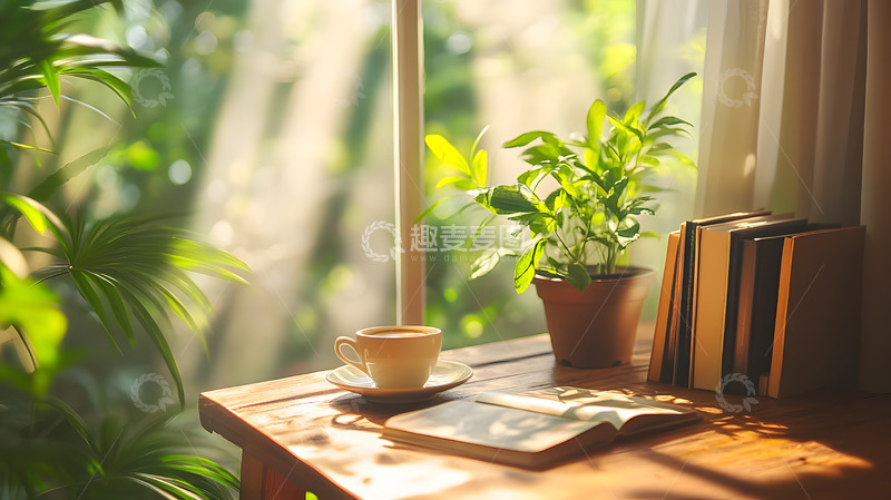 高清大图下载【趣麦麦图】有咖啡和书籍的阳光窗台3