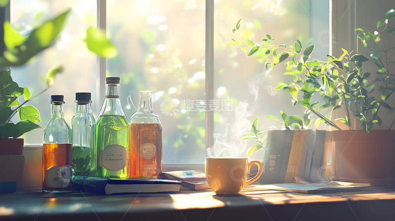 高清大图下载【趣麦麦图】有咖啡和书籍的阳光窗台2