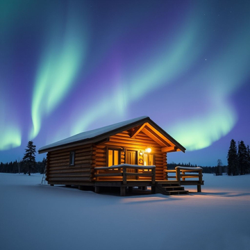 被极光笼罩的雪原小屋