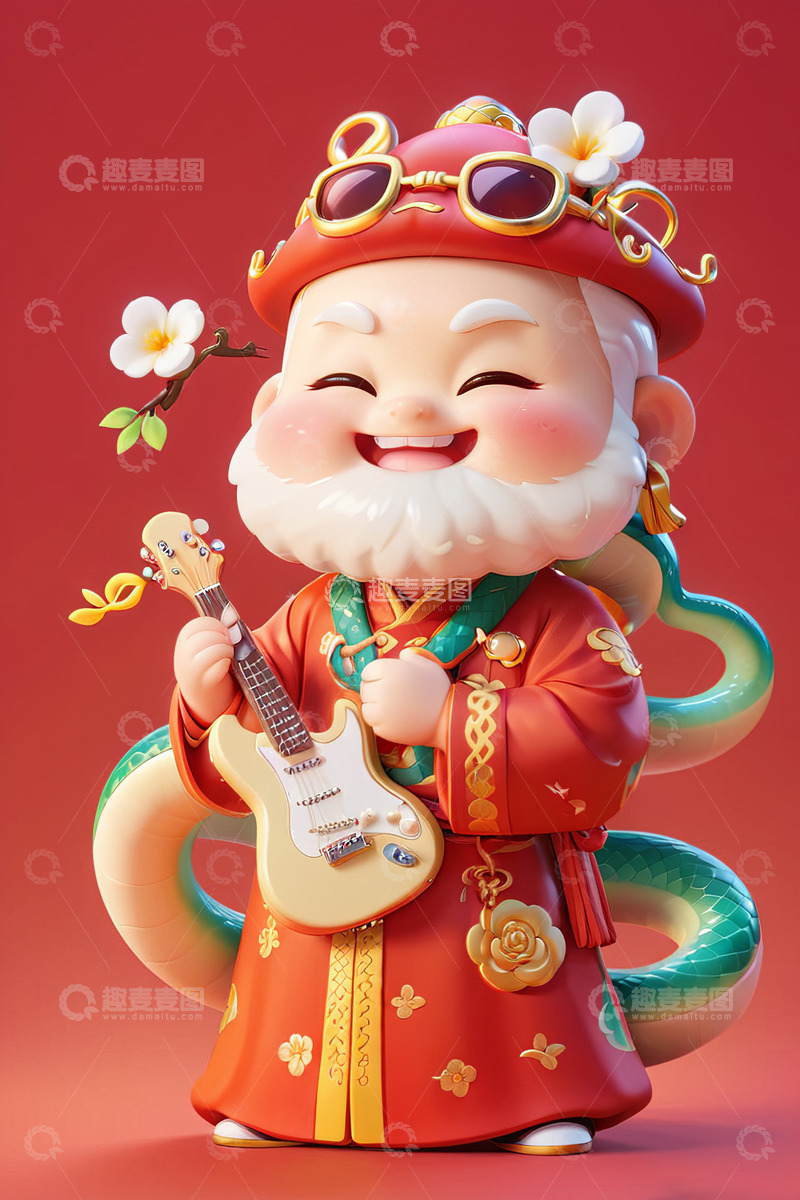高清大图下载【趣麦麦图】可爱弹吉他音乐财神AI插画1