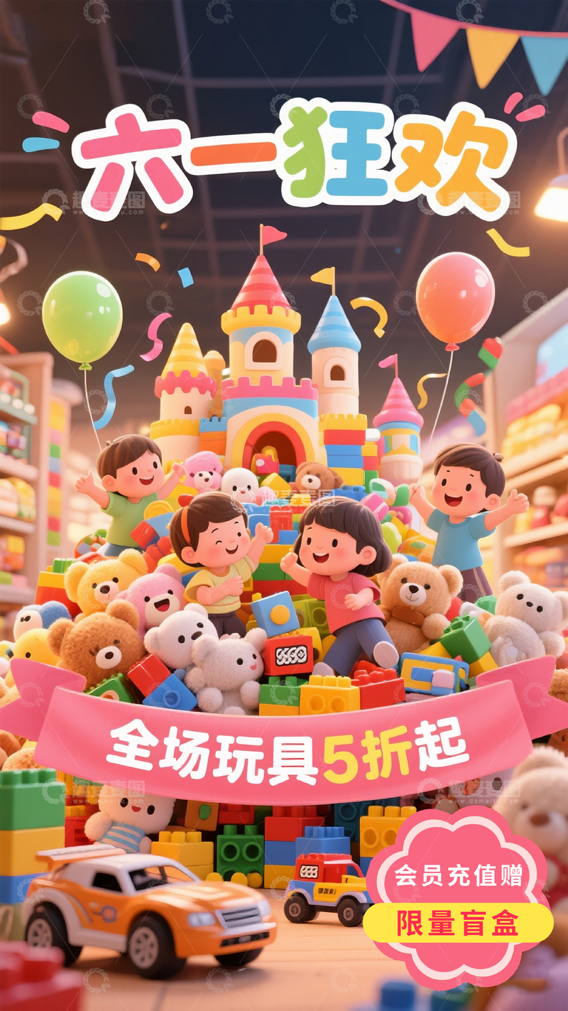 高清大图下载【趣麦麦图】六一儿童节玩具店促销海报