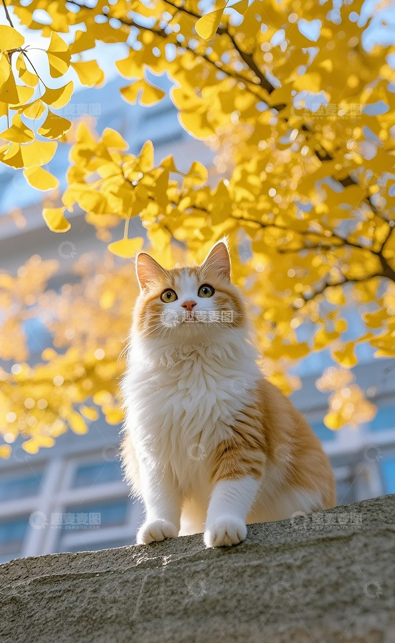 高清大图下载【趣麦麦图】猫看着银杏树4