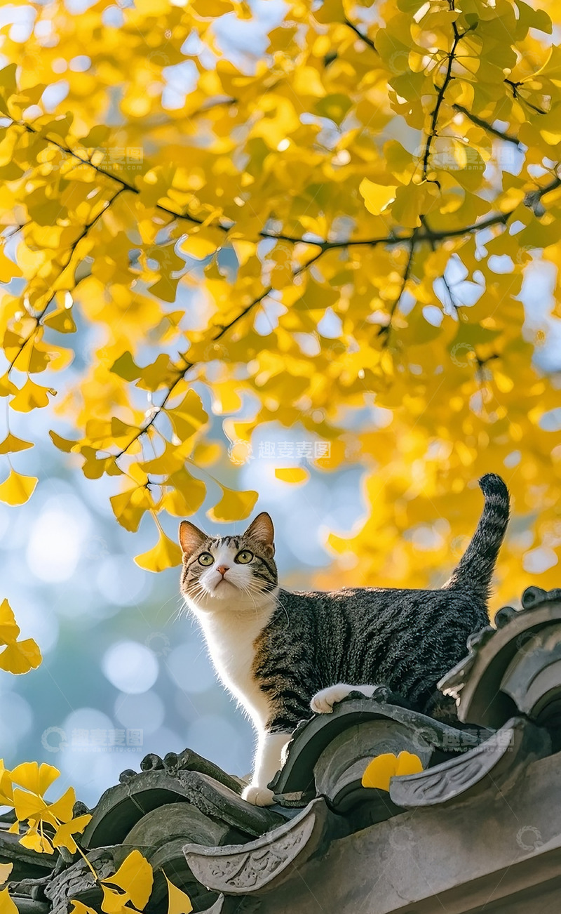 高清大图下载【趣麦麦图】猫看着银杏树3