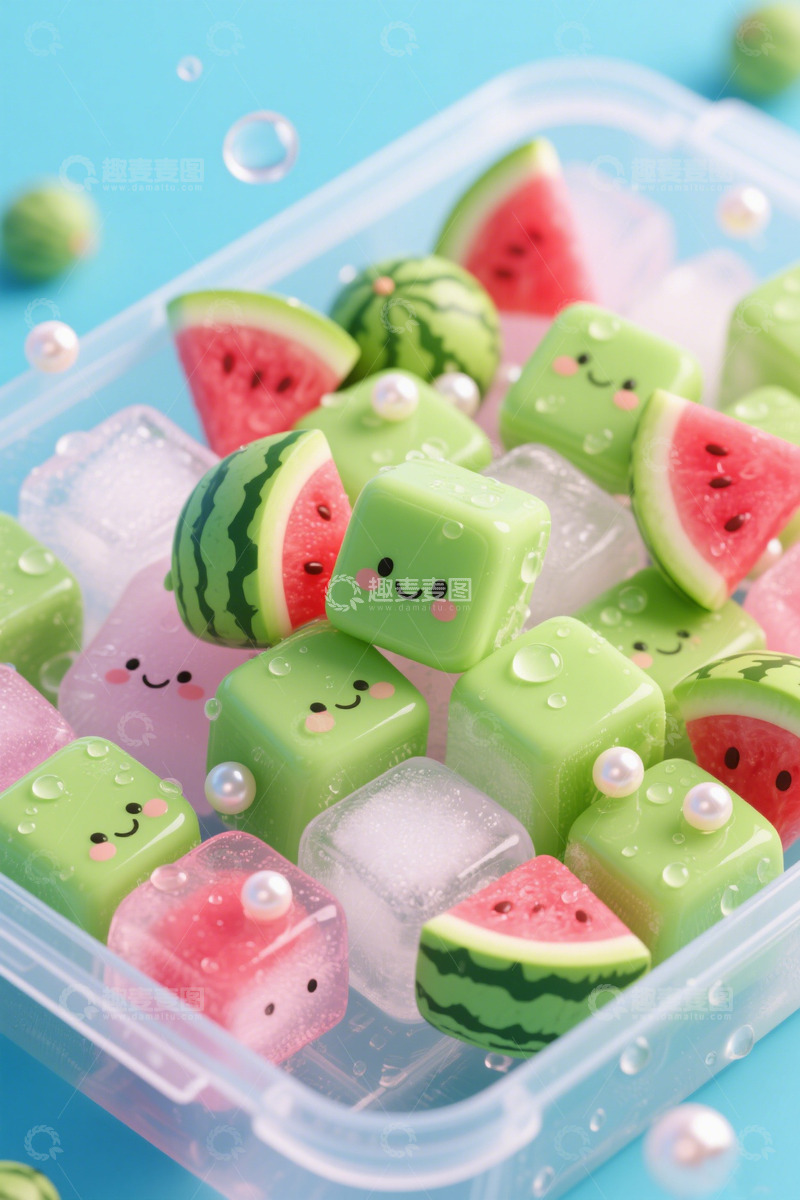 高清大图下载【趣麦麦图】绿色清新卡通西瓜冰块