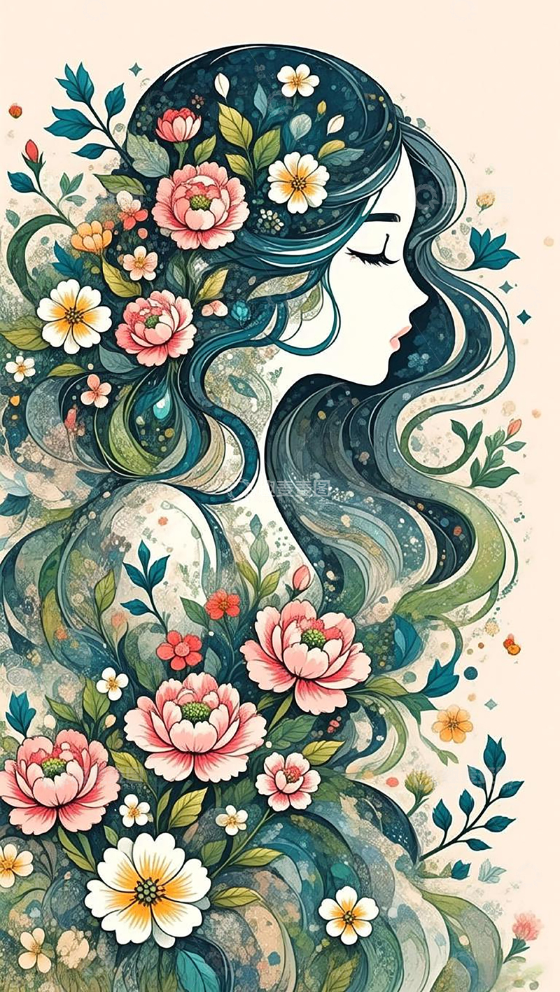高清大图下载【趣麦麦图】繁花长发少女