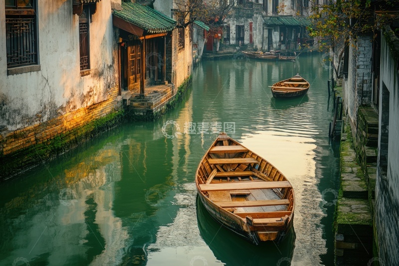 高清大图下载【趣麦麦图】江南水乡木船河道