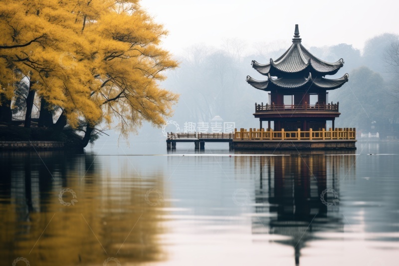 高清大图下载【趣麦麦图】秋季公园水上凉亭