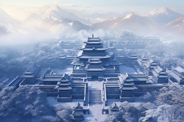 冬季白雪覆盖的城镇城堡