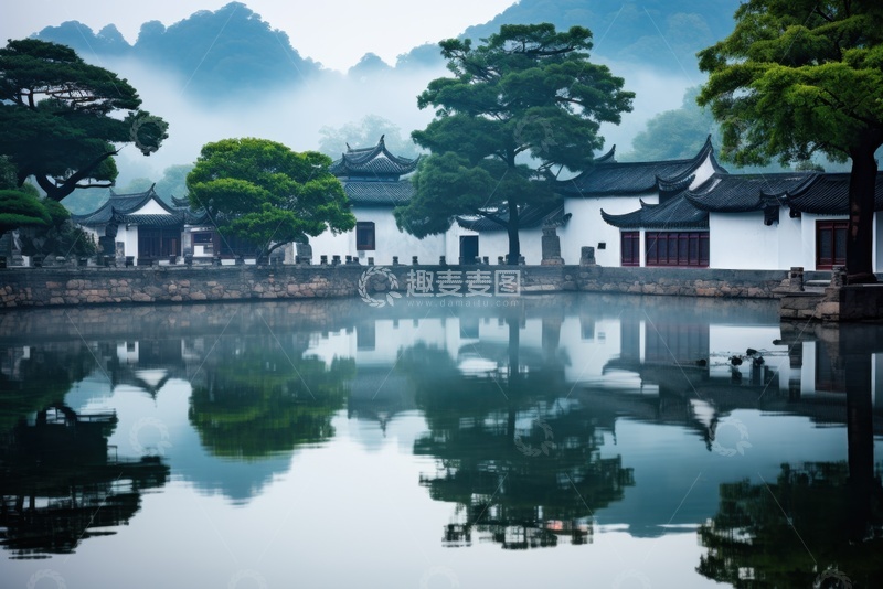 高清大图下载【趣麦麦图】湖边云雾缭绕的建筑摄影