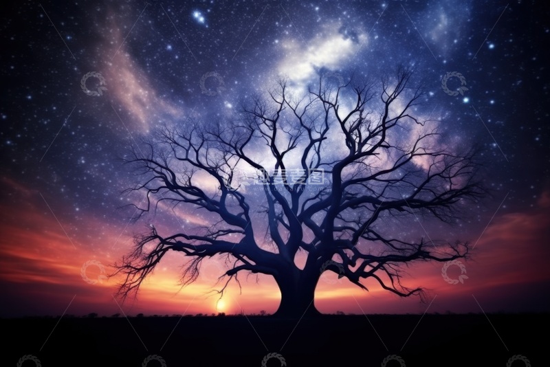 高清大图下载【趣麦麦图】野外星空下的枯树