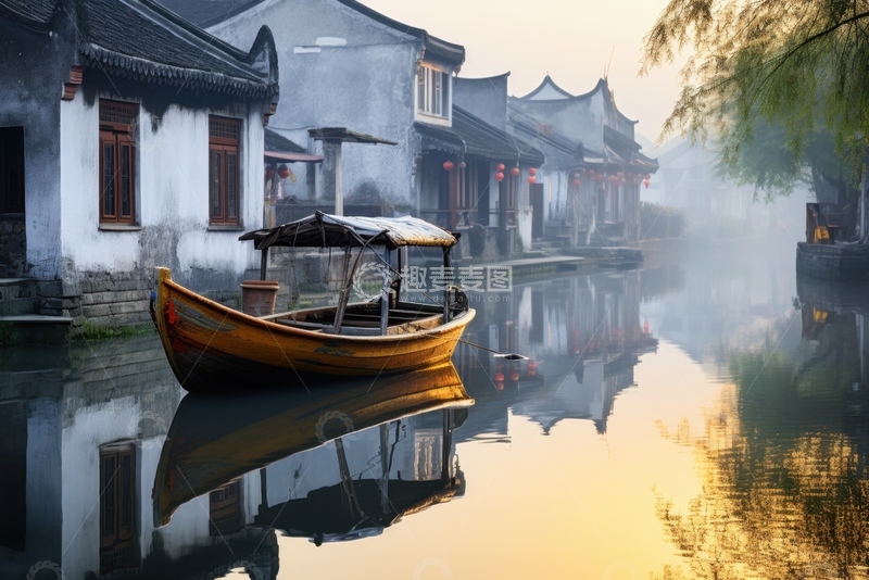 高清大图下载【趣麦麦图】江南水乡河道木船美景