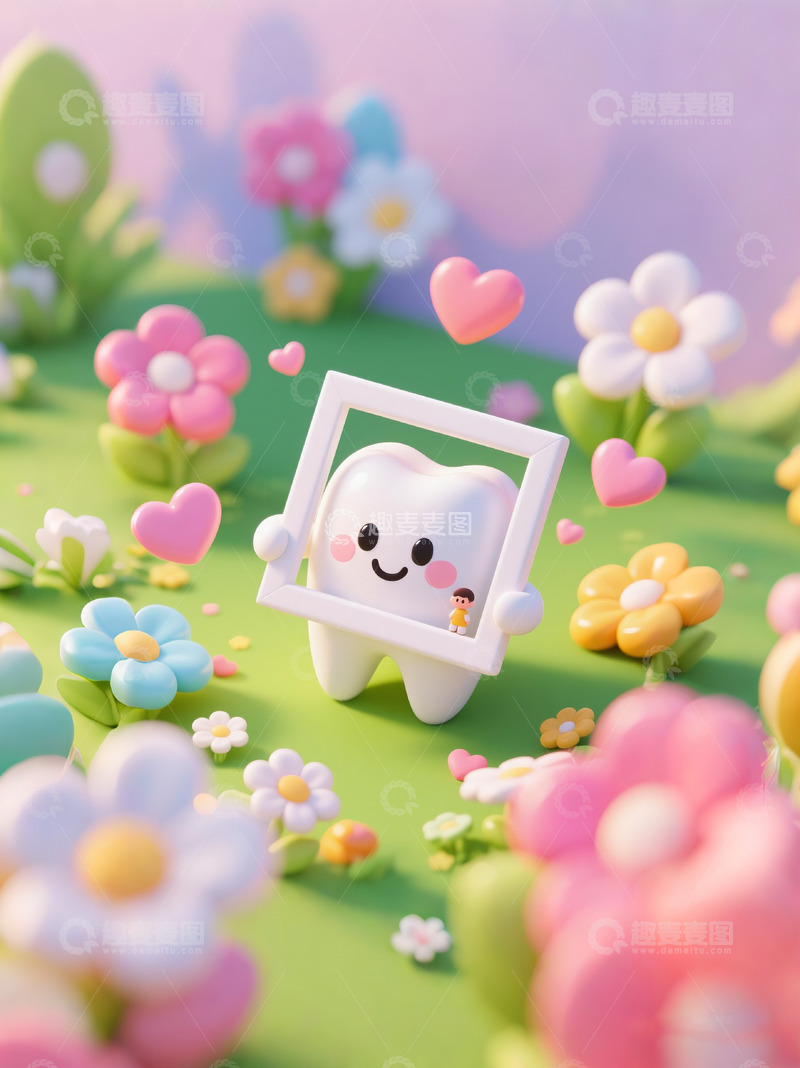 高清大图下载【趣麦麦图】牙科广告图拟人牙齿鲜花3D渲染3