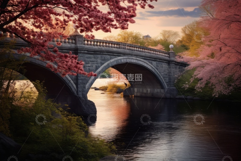 高清大图下载【趣麦麦图】秋季河流上的石桥