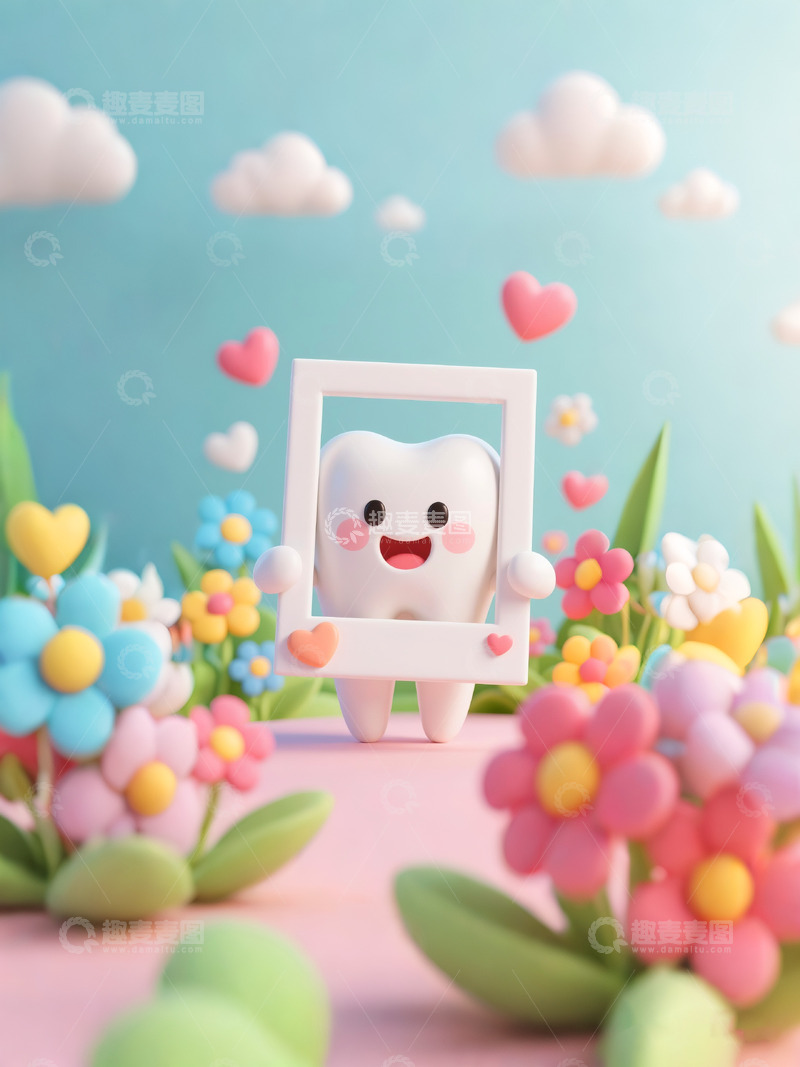 高清大图下载【趣麦麦图】牙科广告图拟人牙齿鲜花3D渲染2