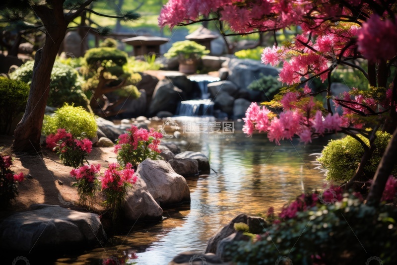 高清大图下载【趣麦麦图】园林小溪鲜花流水