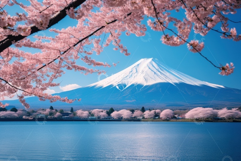 高清大图下载【趣麦麦图】富士山远山桃树美景