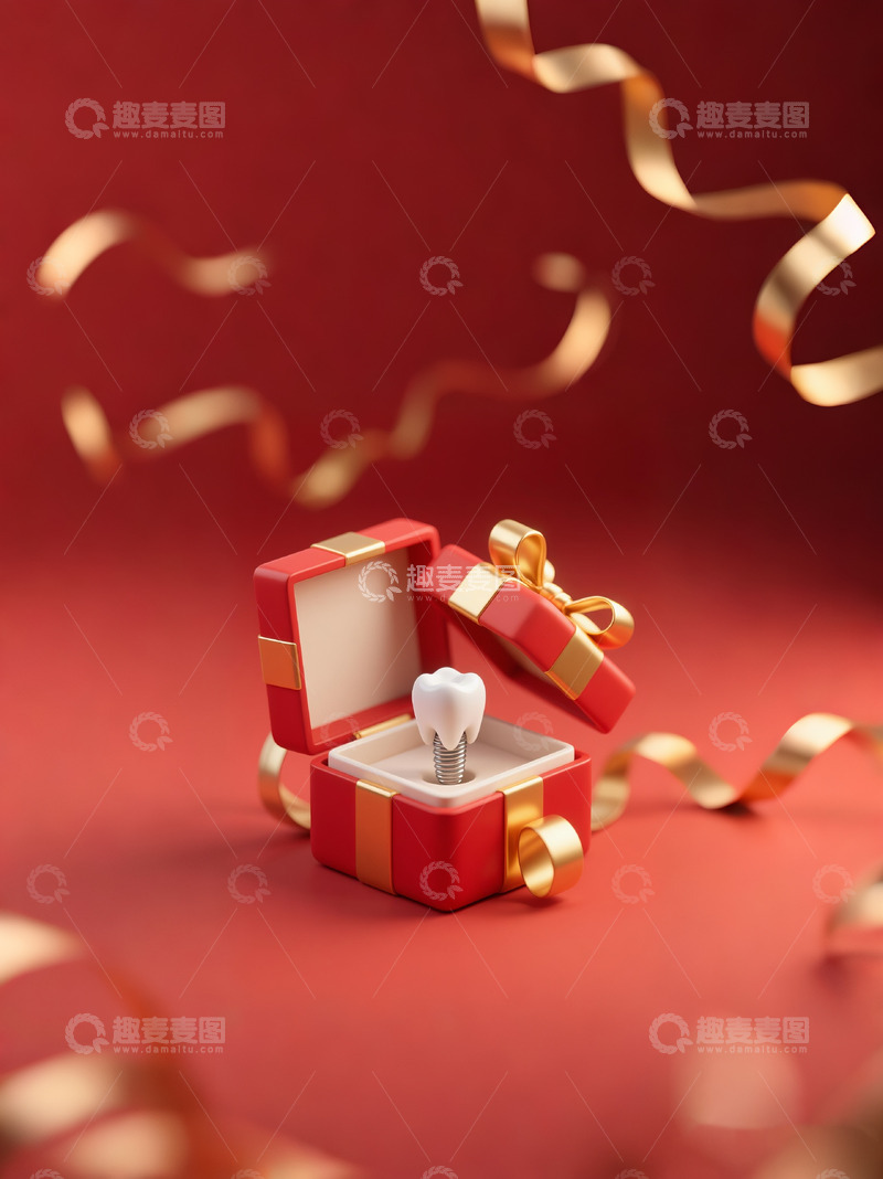 高清大图下载【趣麦麦图】牙科广告图喜庆礼盒丝带牙齿