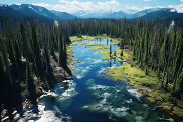 高耸的松树林河流