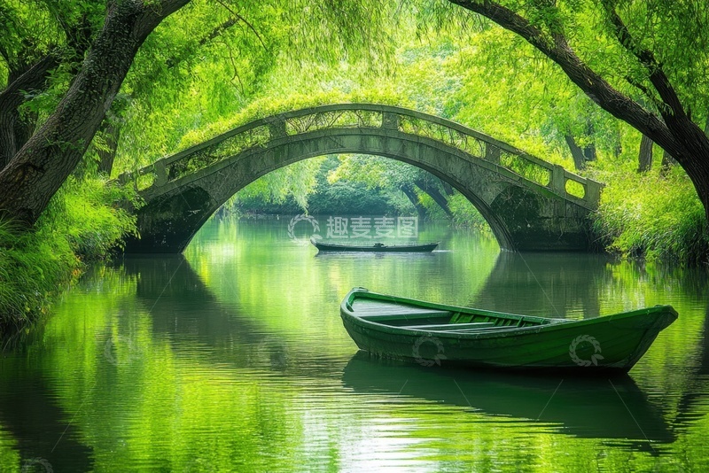 高清大图下载【趣麦麦图】公园里的石桥木船