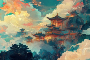 手绘古风建筑插画