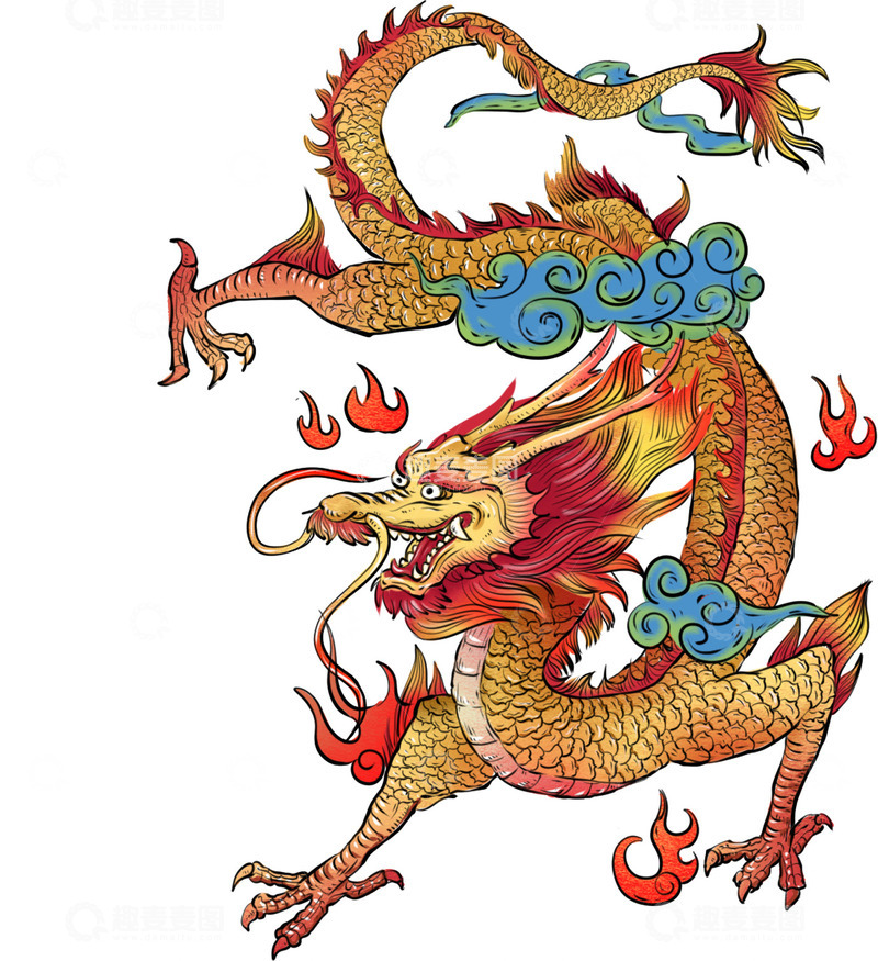 高清大图下载【趣麦麦图】蓝龙戏金灿灿祥云1