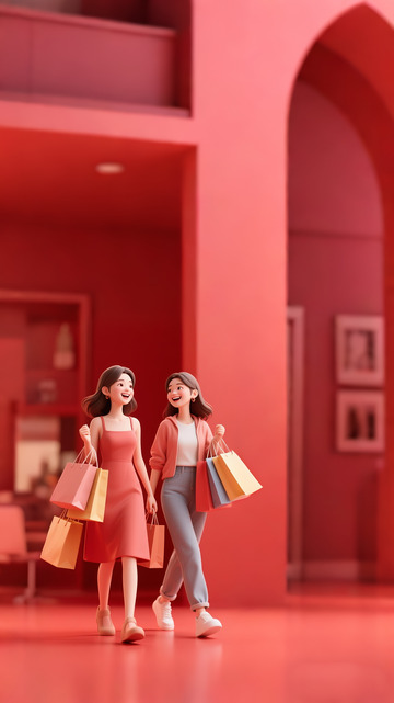 电商购物背景女孩购物车红色喜庆