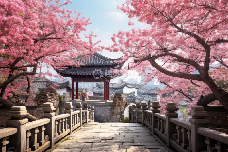 高清大图下载【趣麦麦图】园林石桥桃树自然美景