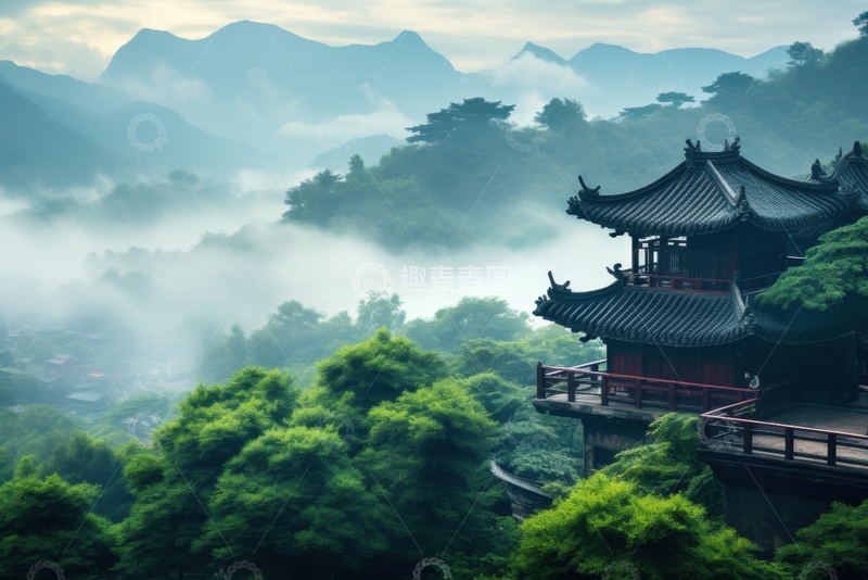 高清大图下载【趣麦麦图】森林云雾塔楼建筑