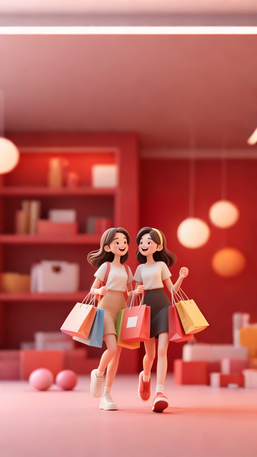 电商购物背景女孩购物车红色喜庆3