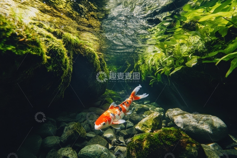 高清大图下载【趣麦麦图】小溪河流里的一条金鱼